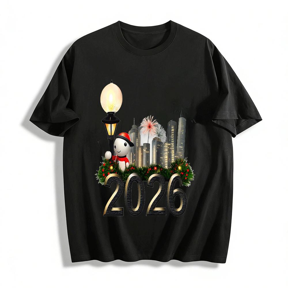 2026 New Year City Firework Graphic Casual Top Pure cotton T-shirt XXS