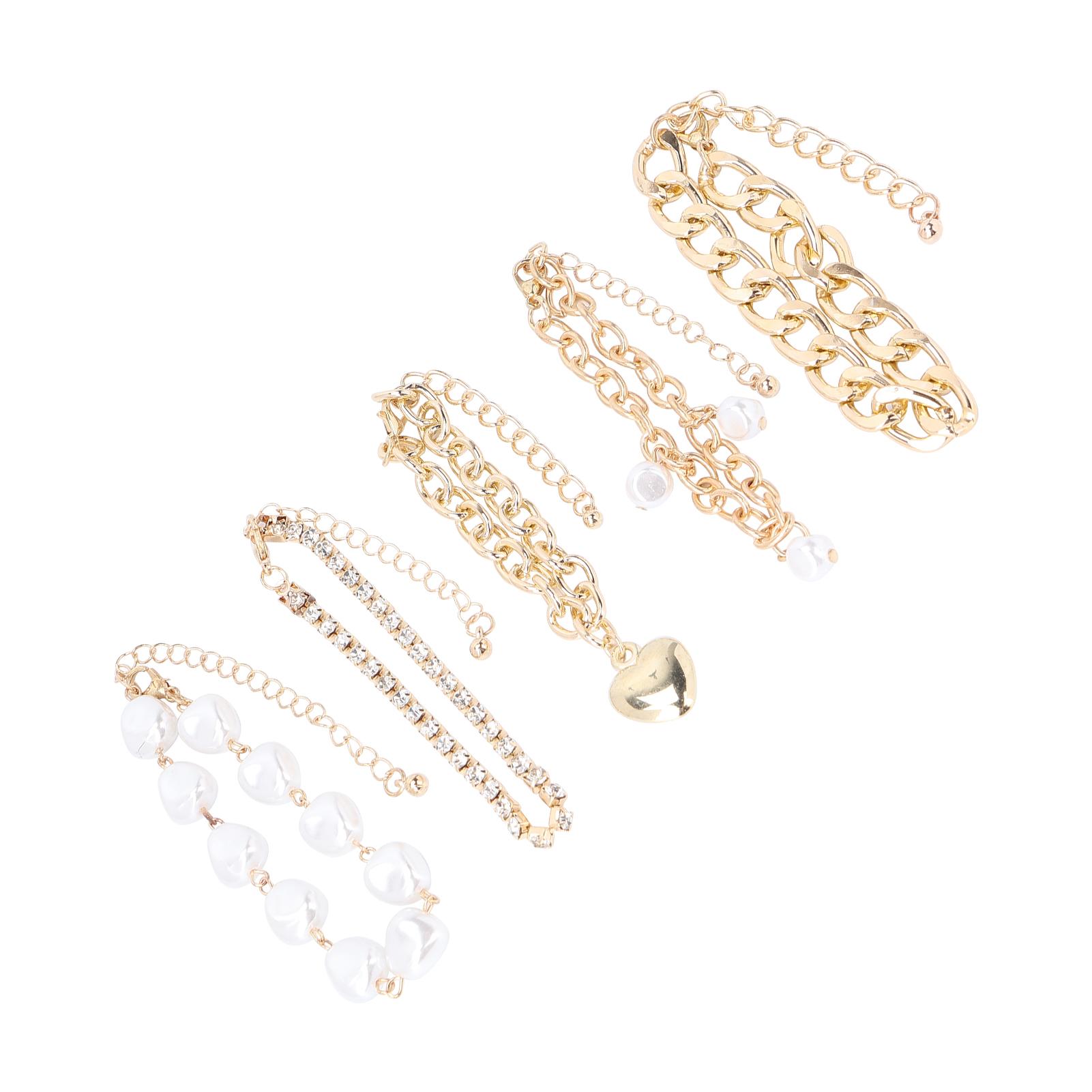 

5 шт. Элегантный набор браслетов Имитация жемчуга Сердце Сплав Регулируемый Модный Хип-хоп браслет Золотой Gold