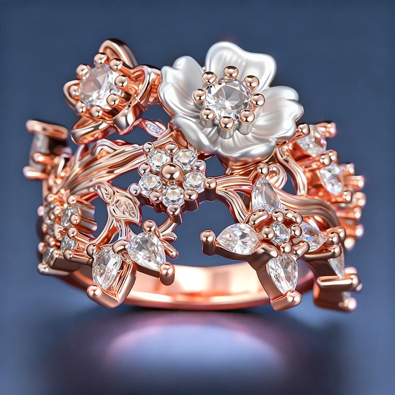 Huitan Aesthetic Two Tone Flowers Rings for Women Wedding Party Romantic Floral Design Female Ring Gift Creative Trendy Jewelry