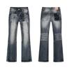 Mens Straight Fit Distressed Patchwork Denim Jeans Vintage Streetwear Style High Waist Ripped Cotton