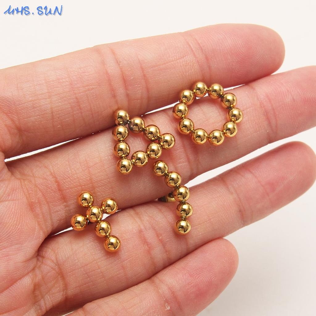 MHS.SUN Luxury Gold Plated Square Round Stainless Steel Hoop Earrings Cross Ball Beads Earring for Women Girls Wedding Jewelry