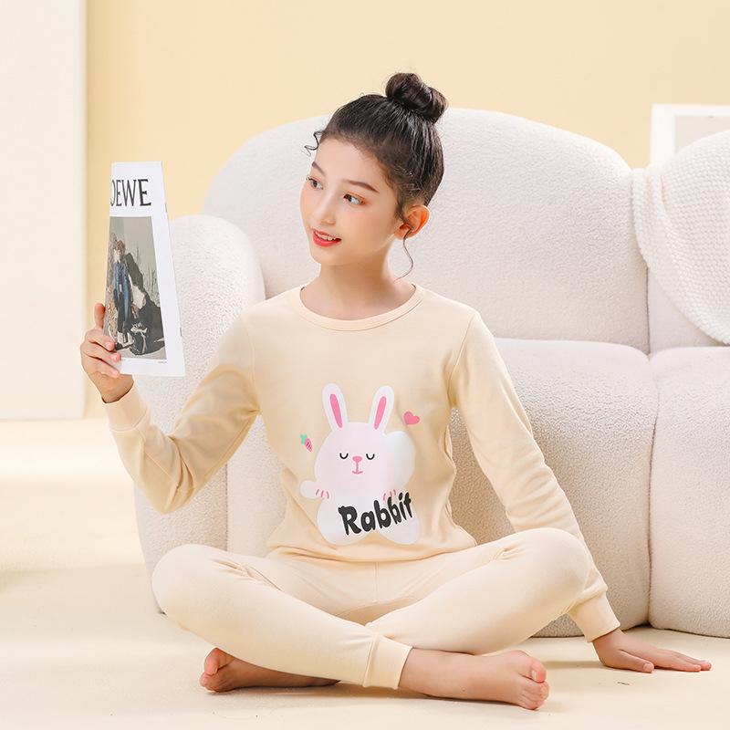 Pure Cotton Flannel Autumn/Winter Girls' Round Neck Underwear Set