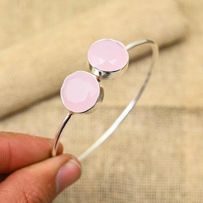 Pink Chalcedony Gemstone Handmade 925 Sterling Silver Jewelry Adjustable Cuff For Women