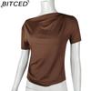 BITCED Spring/Summer Women's Slim-Fit Pleated Asymmetric Hem Short-Sleeved T-Shirt Top