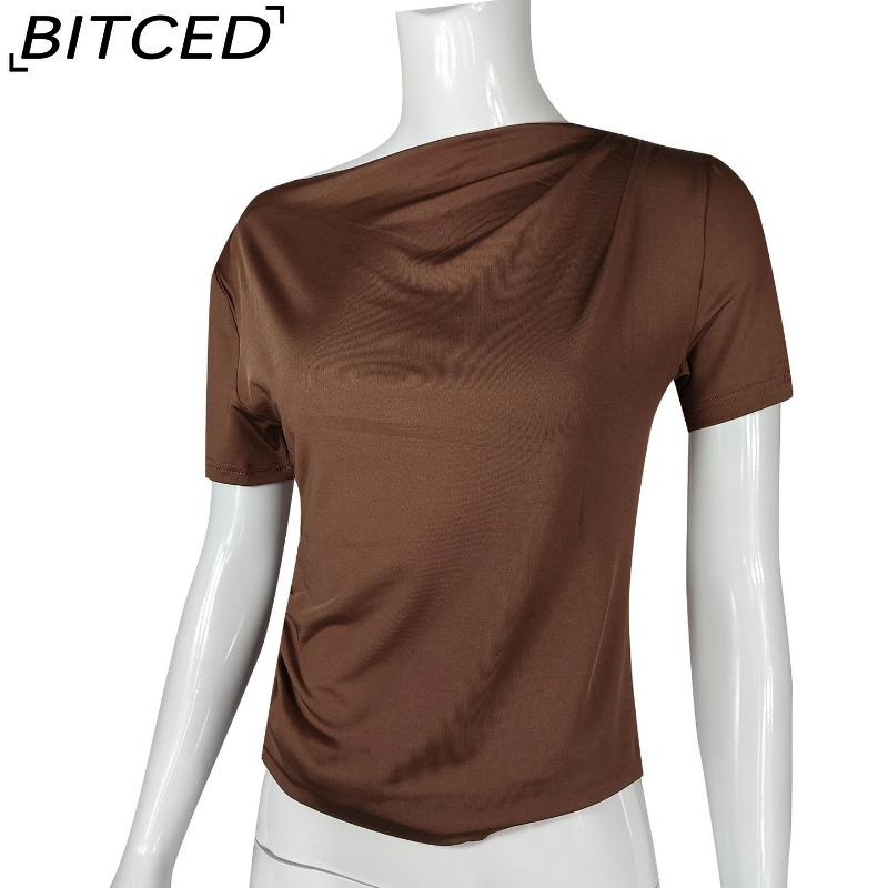 BITCED Spring/Summer Women's Slim-Fit Pleated Asymmetric Hem Short-Sleeved T-Shirt Top