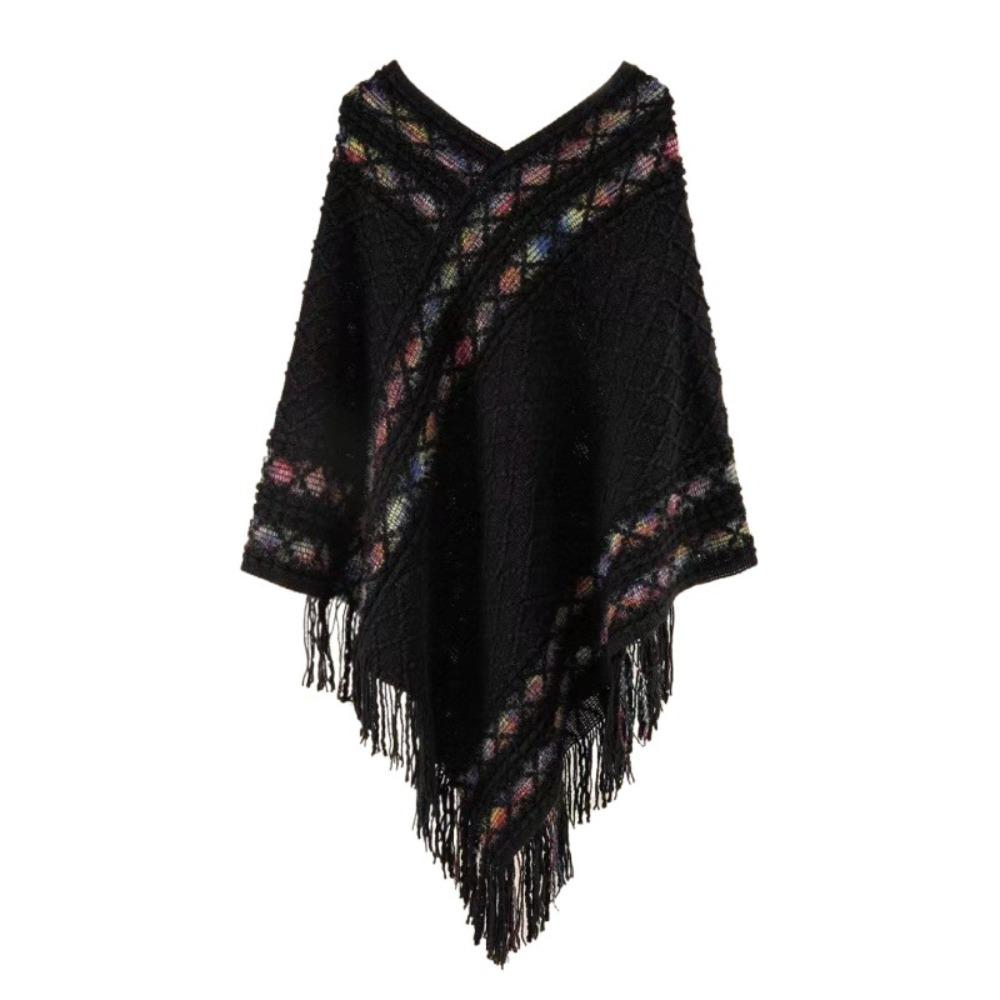 Stripe Knitted Cape Printing Tassel Scarves Simple Ethnic Style Scarf  Autumn Winter