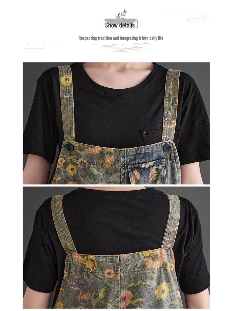2025 Spring/Summer Women's Plus Size Printed Denim Overalls - New Literary Collection