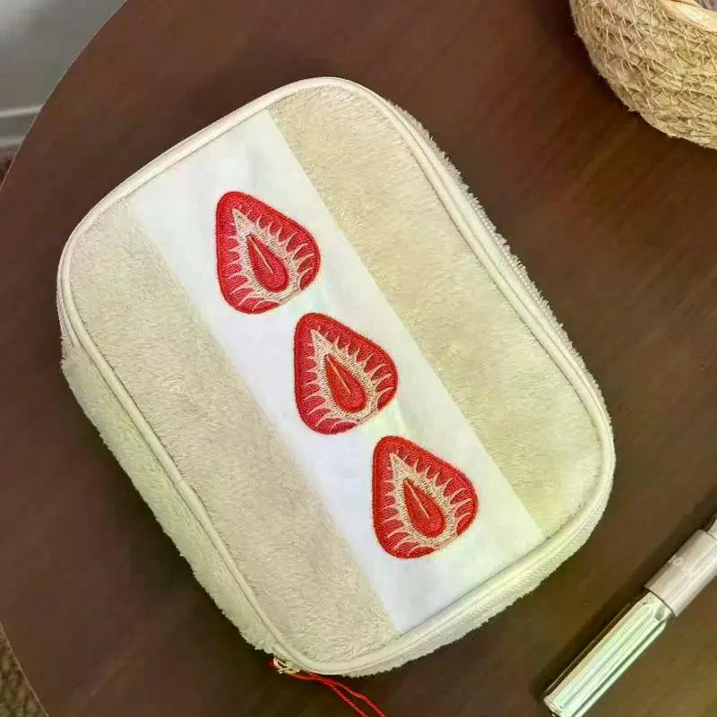 Cute Embroidered Strawberry Pencil Case Portable Stationery Pen Box Multi Functional Large Capacity Makeup Bag Storage Bag