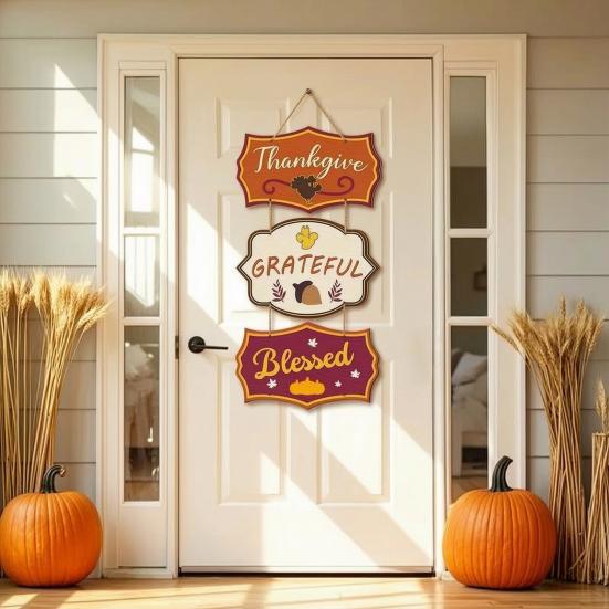 Wooden Door Sign, Farmhouse Autumn Hanging Decor  with Turkey Acorns, 3-Section Waterproof Porch Wall Sign, Prestrung Cotton Rope for Thanksgiving