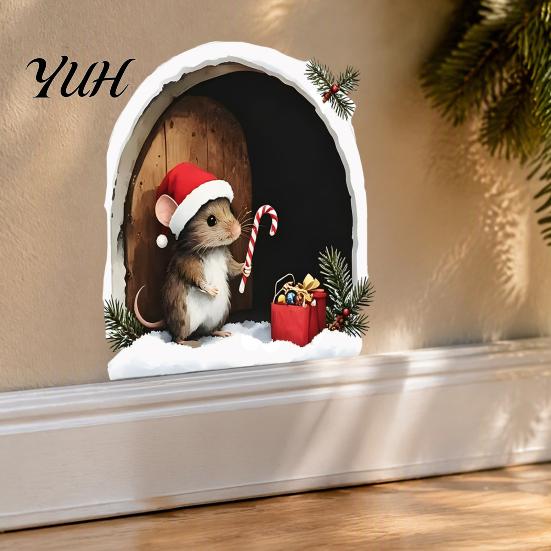 Removable Christmas Glass Decorations Mouse Wall Sticker, PVC Waterproof Hole Decal, Peel Easy And Stick Graphics Art Decor for Home Holiday