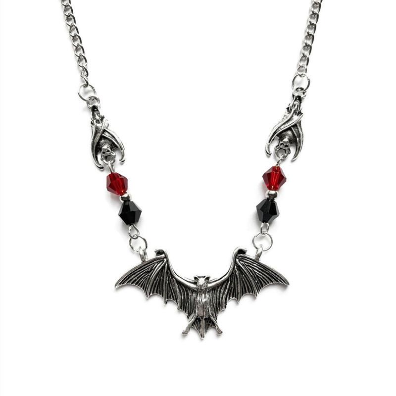 Gothic Personality Red Crystal Beads Vampire Black Bat Pendant Necklace for Women Men Hallowmas Party Collar Chain Jewelry Gifts