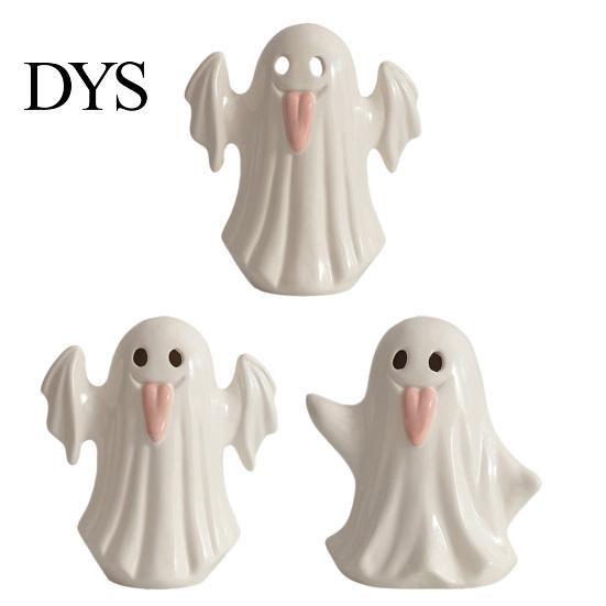 Halloween Autumn Home Accents Light Up Ceramic Ghost Figurines for Decor, Cute White Statue Vase Decor with Pink Tongue, LED Night Table Office