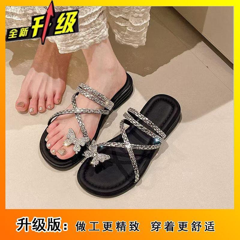 2025 new French rhinestone fairy slippers female summer wear flat bottom cover toe beautiful with skirt beach sandals female