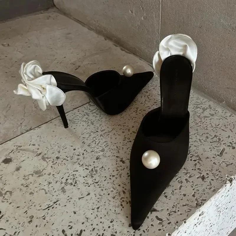 Ladies Banquet Professional High Heels 2024 Pointy Satin Pearl Fine White Rose Sandal Design Sense 7CM Baotou Slippers Slides