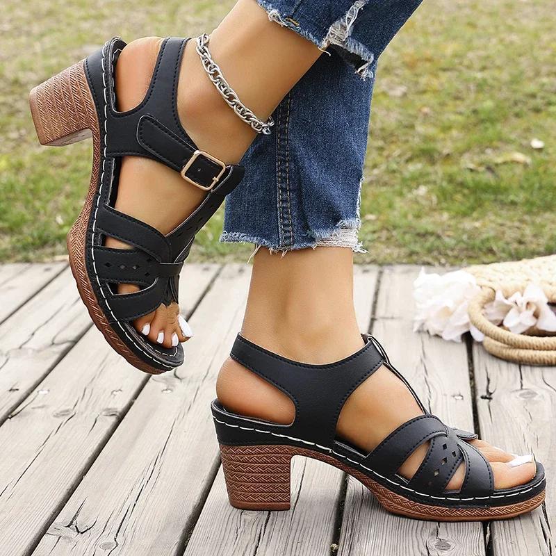 Fashion New Thick High Heels Sandals Fashion Shoes for Women Plus Size 36-43 Summer Rome Shoes Woman Ankle Buckle Open Toe Beach Sandles