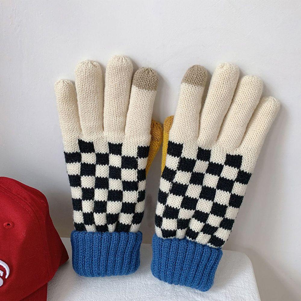 

Checkerboard Adult Student Splicing Women Gloves Korean Style Mittens Knitting Full Fingers Gloves
