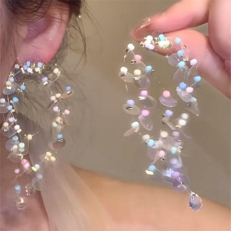 Silver needle resin flower fringed earrings super fairy temperament versatile stud earrings niche sweet high-end earrings women