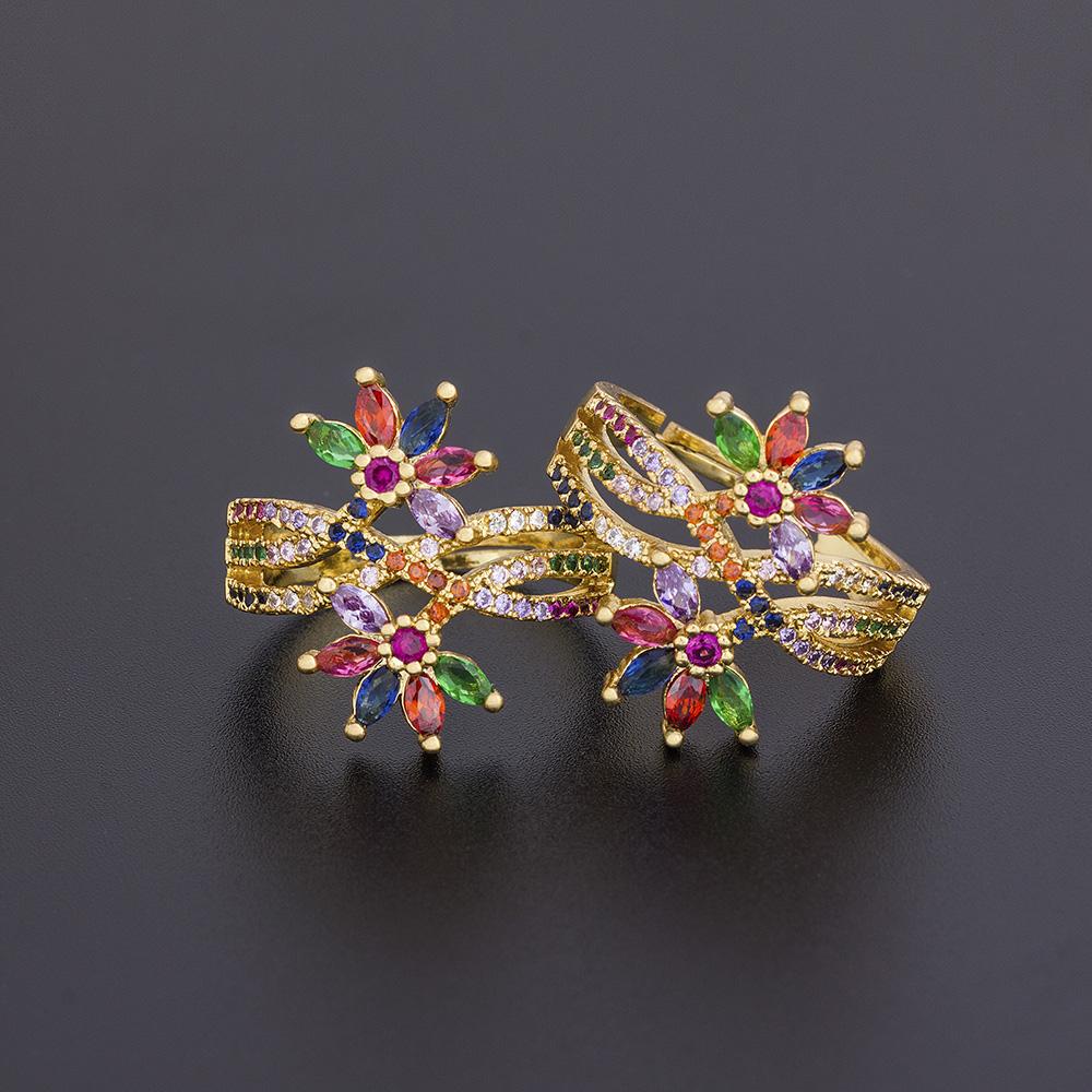 AIBEF Multi-layer Rainbow Flower Adjustable Rings Luxury Cubic Zirconia Crystal Opening Finger Rings For Women Jewelry Gift