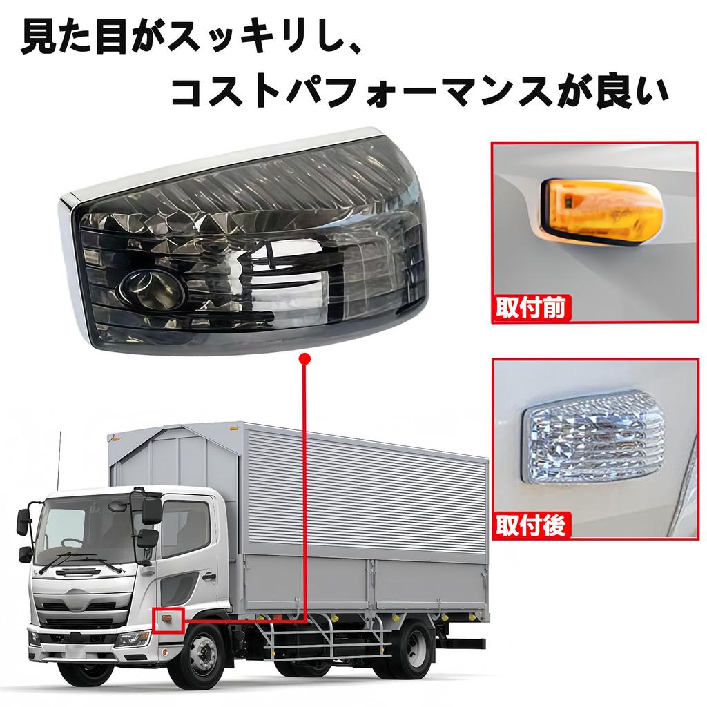 KICARYAJP Side Marker Lights for Hino 17 Profia/Ranger, Crystal Lens Specifications, S25 Halogen Bulbs, 24V, Left and Right Set (Smoke)