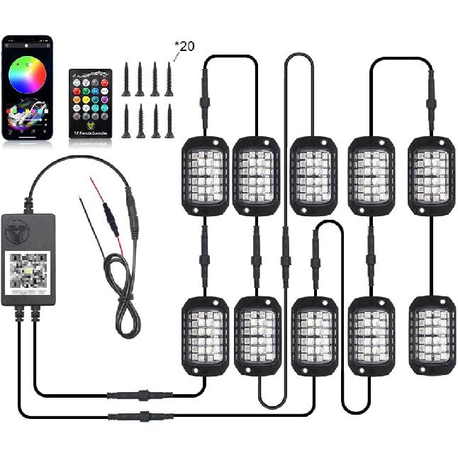 RGB Rock Lights, 10 Pods 360 LEDs SMD Chips Super Bright App Control Underglow Neon Light Exterior Chassis Wheel Well Glow Kit For Off Road Cars