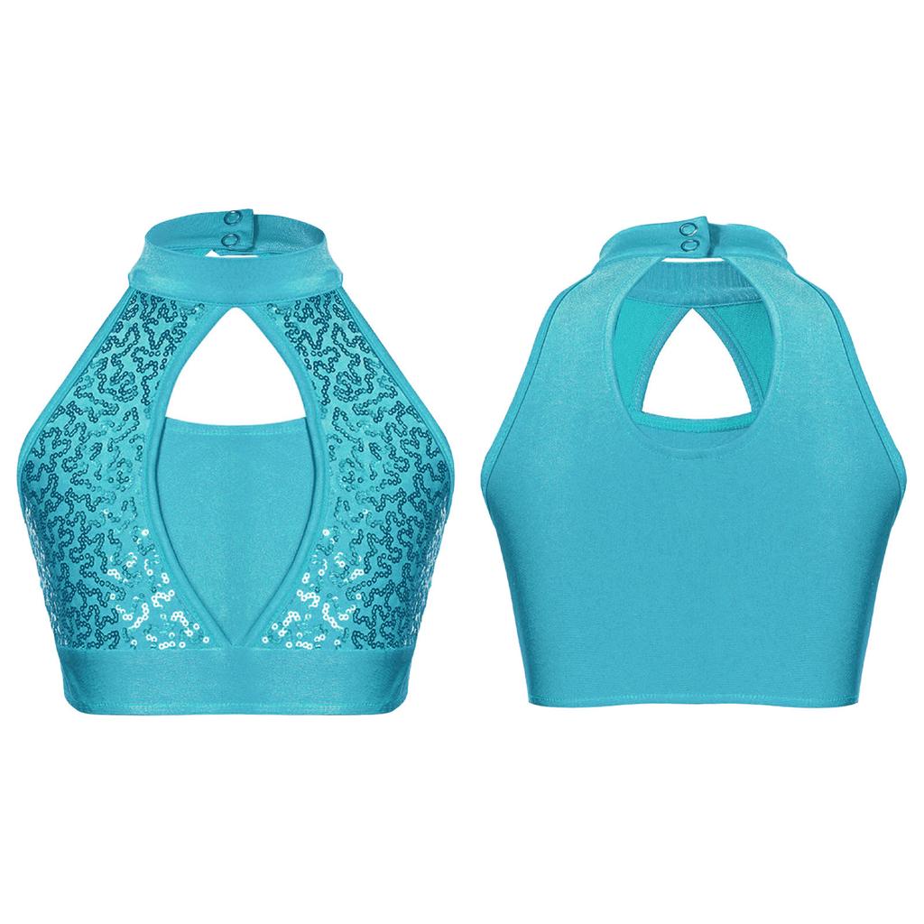 Girls Sleeveless Mock Neck Crop Top Sequin Patchwork Hollow Front Keyhole Back Dancewear
