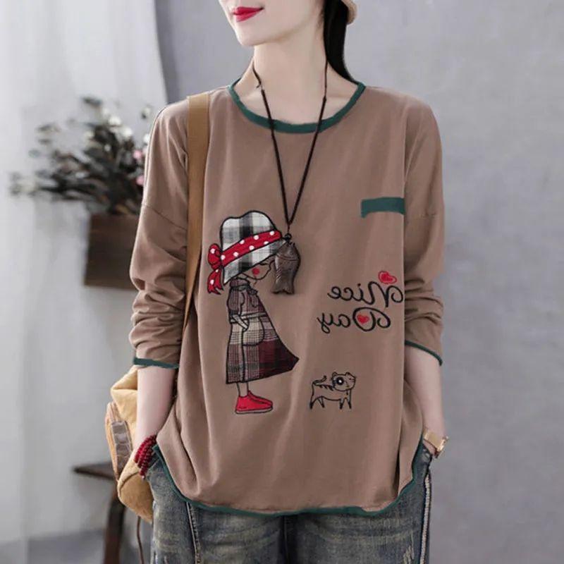 Women's Long Sleeve The T-shirt Round Neck Cute Girl Printed Pullover Tops Loose Bottoming Shirt