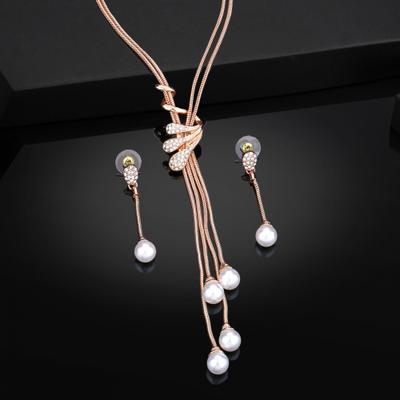 Fashion Tassel Necklace Set Rose Gold Plated Crystal Pearl Necklace For Women