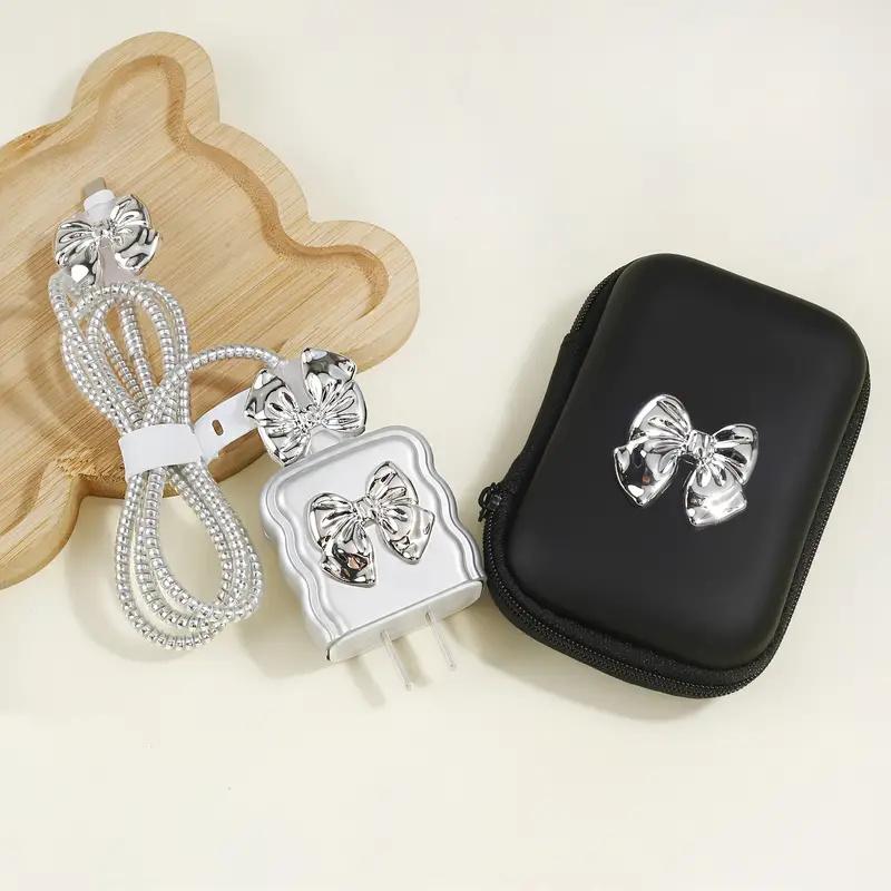 Luxury 3D Cute Silver Bowknot + EVA Storage Bag Set Charger Cover For IPhone 11 12 13 14 18W-20W Charge Correa Protection Sleeve