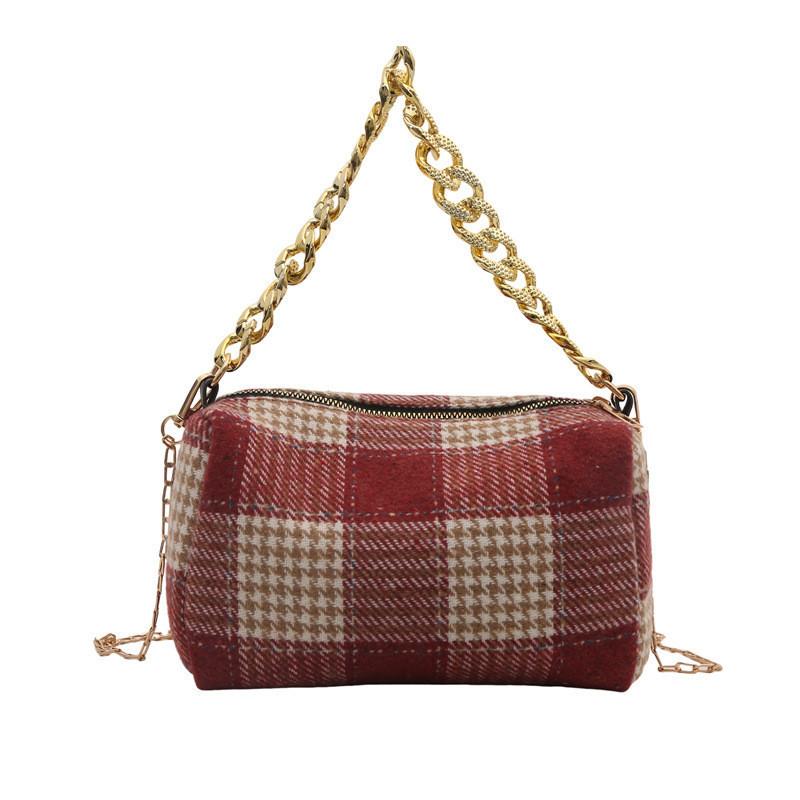 Stylish Korean Color Block Handbag For Women 2024 Spring Vintage Fashionable Woolen Plaid Crossbody Bag In Red And Black