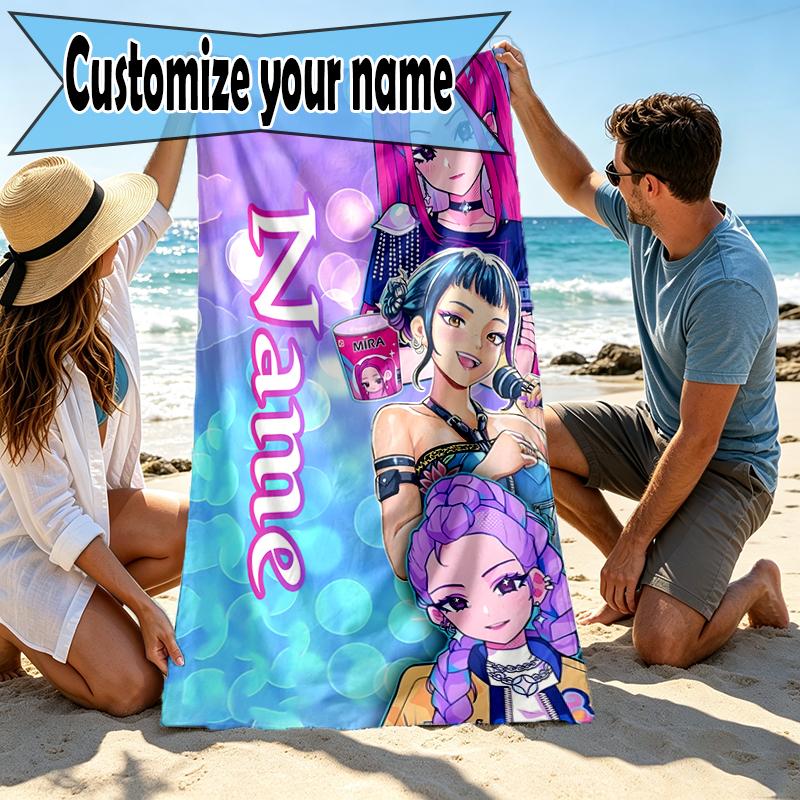 Custom Name Personalized KPop Demon Hunters Print Beach Towel, for Trip Camping Beach Party Home Decor, Birthday Gift for Family & Friends