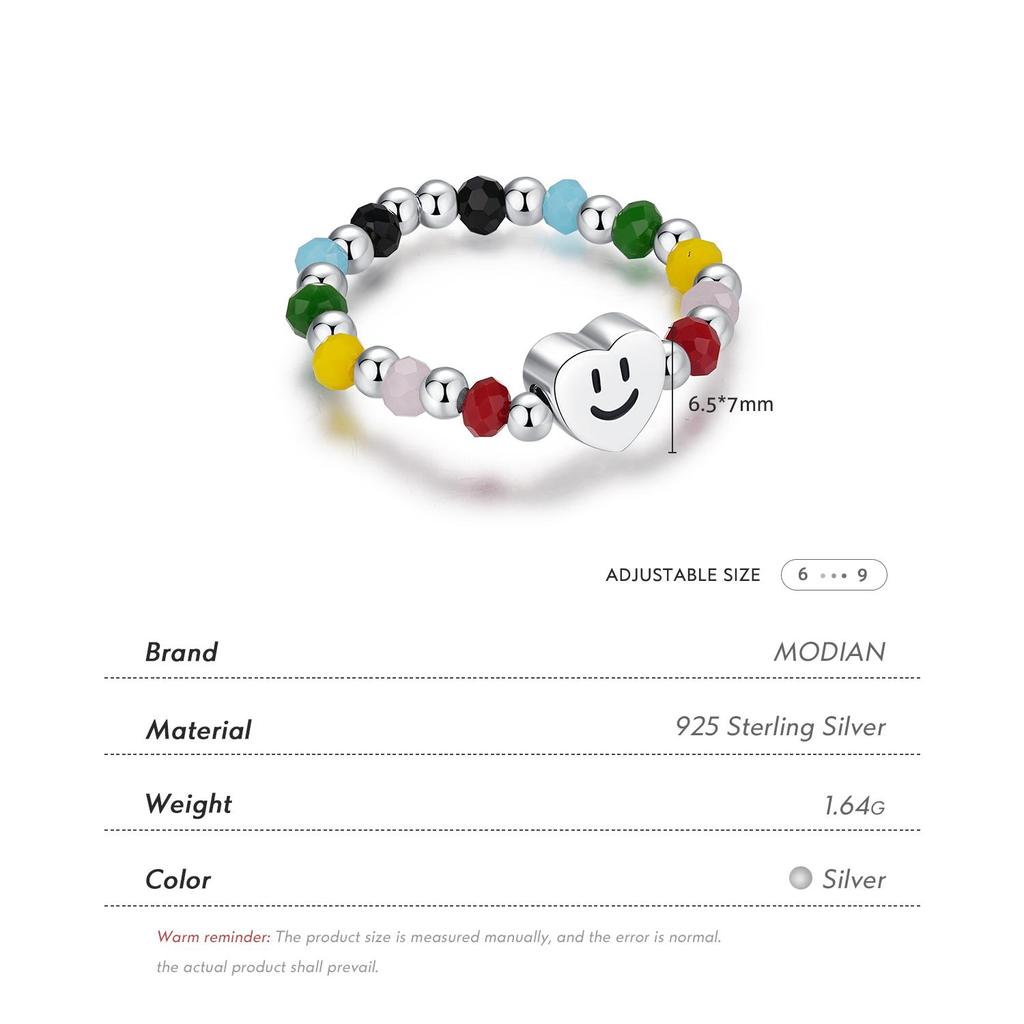 MODIAN 925 Sterling Silver Rainbow Colorful Hearts Smile Romantic Ring Crystal Beads Adjustable Rings For Women Party Jewelry