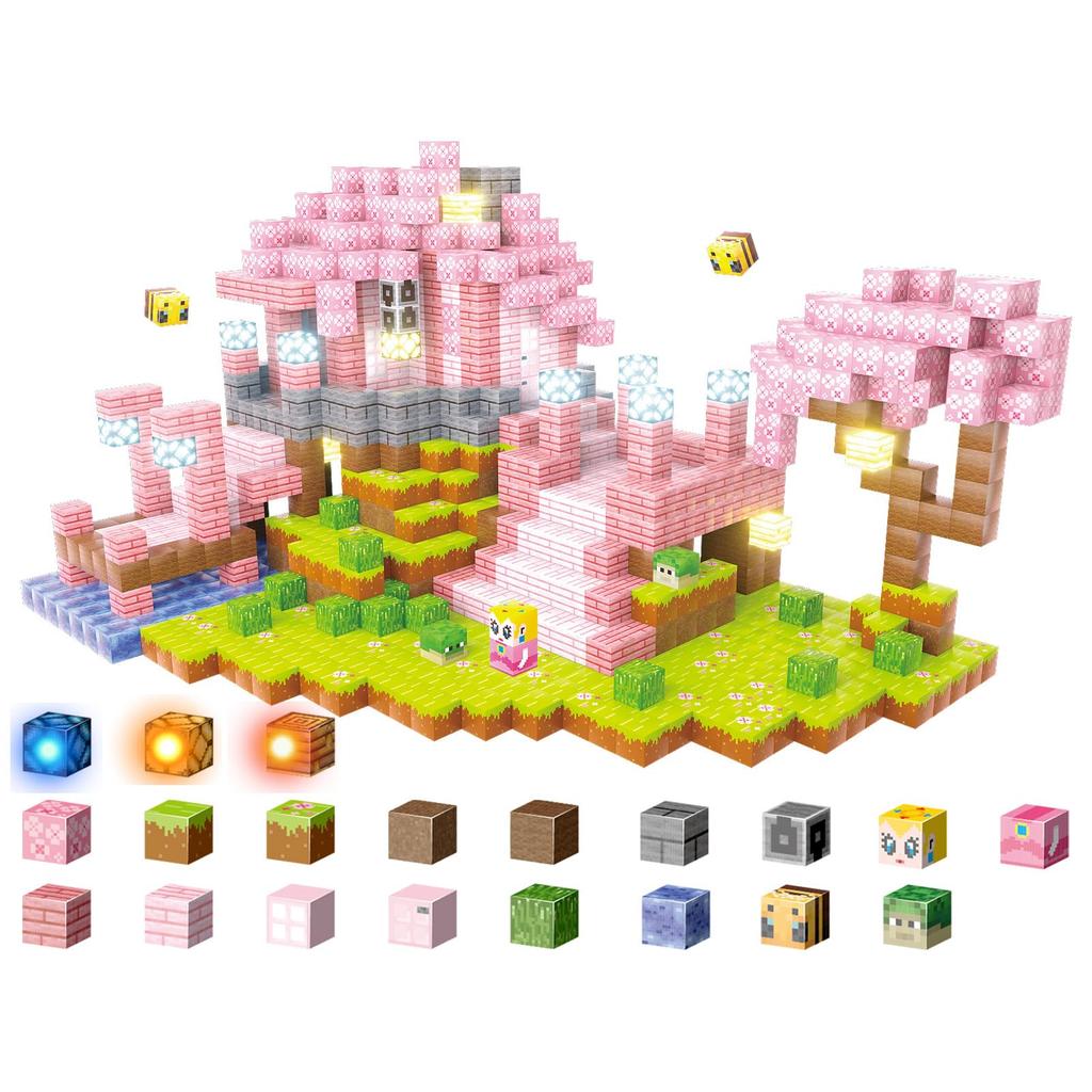 YOIKO Set de 188 Piese Blocuri Magnetice Stil Minecraft cu Temă Lumea Florilor de Cireș, 2 cm, cu 8 Blocuri Iluminatoare, Jucărie Educativă pentru Școala Primară