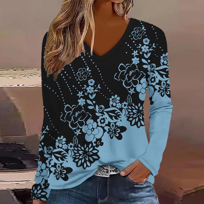 Übergröße Europäische und Amerikanische Mode 2025 Damen Elegantes V-Ausschnitt Langarm T-Shirt