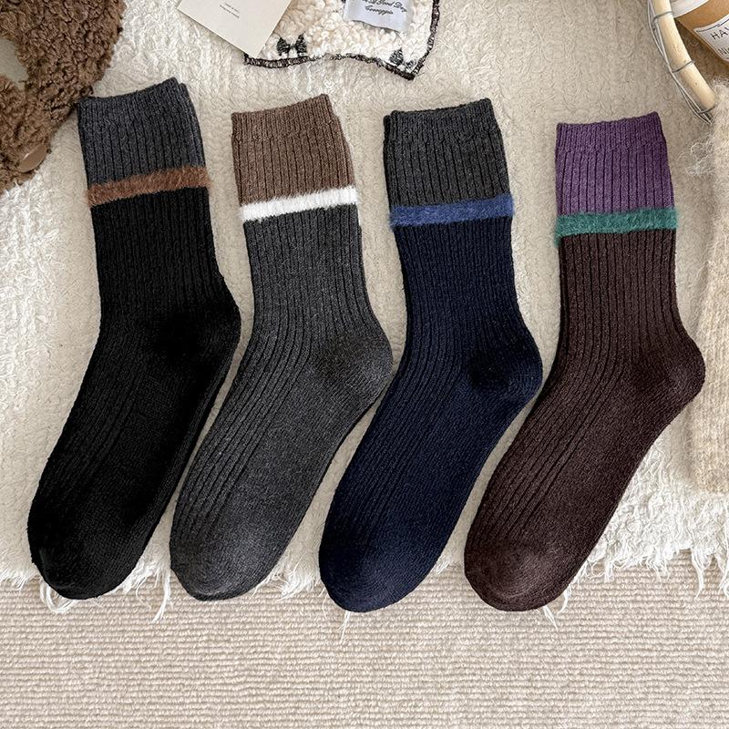 Wool Socks Children'S Stacking Socks Tide Season Warm Color Matching Maillard Retro Velvet Thickened Medium Tube Socks
