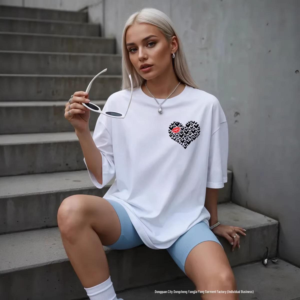 Women s Stylish Heart Print Cotton Short Sleeve Top - Trendy & Versatile Summer Arrival XXXL белый