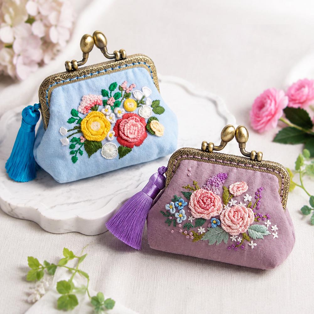 Floral Clasp Purse Embroidery Kit DIY Coin Purse with Pattern & Stitch Guide All-in-One Set for Adult Beginners Handmade Craft