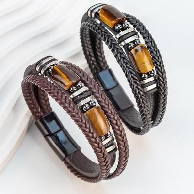 Pulsera Multicolor de Ojo de Tigre, Cuero y Acero Inoxidable con Hebilla Magnética
