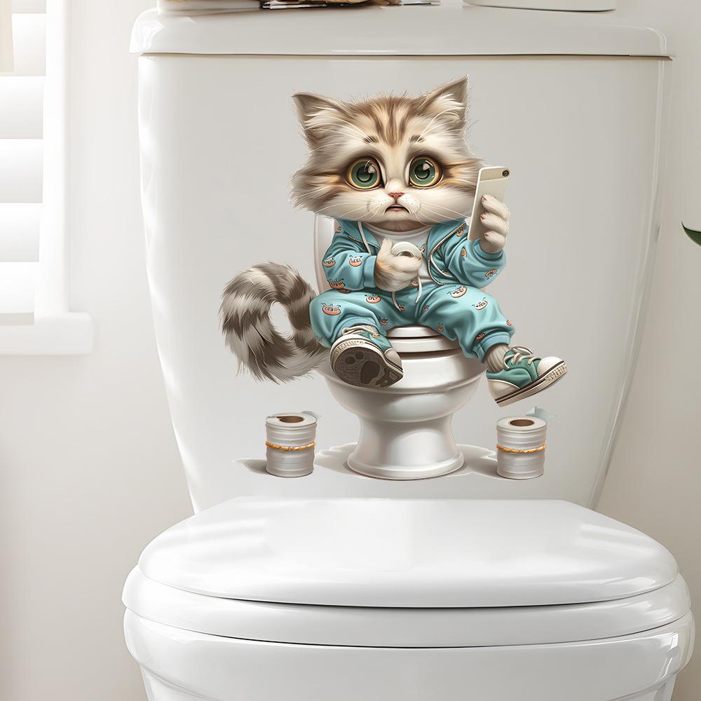 Funny Cat Playing Phone Toilet Sticker Self Adhesive Waterproof Bathroom Decor