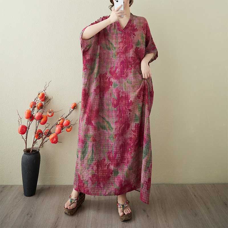 Women's Vintage Long Dress with Cotton and Linen Patterns