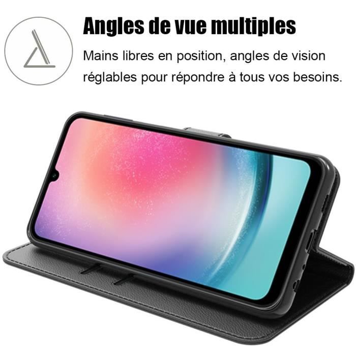 Coque + 2 Verres Trempés pour Samsung Galaxy A24, Coque Protection Antichoc Effet Cuir Noir