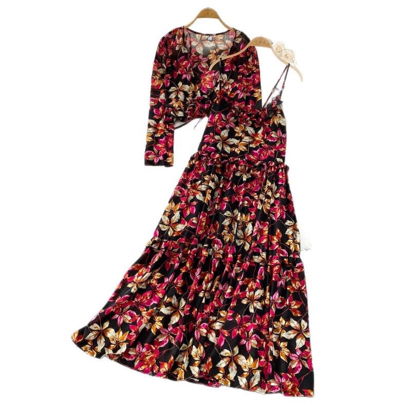 Large Size Maple Leaf Print Chiffon Long-sleeved Sunscreen Cardigan Jacket Set Loose and Thin Ruffle Edge Suspender Dress