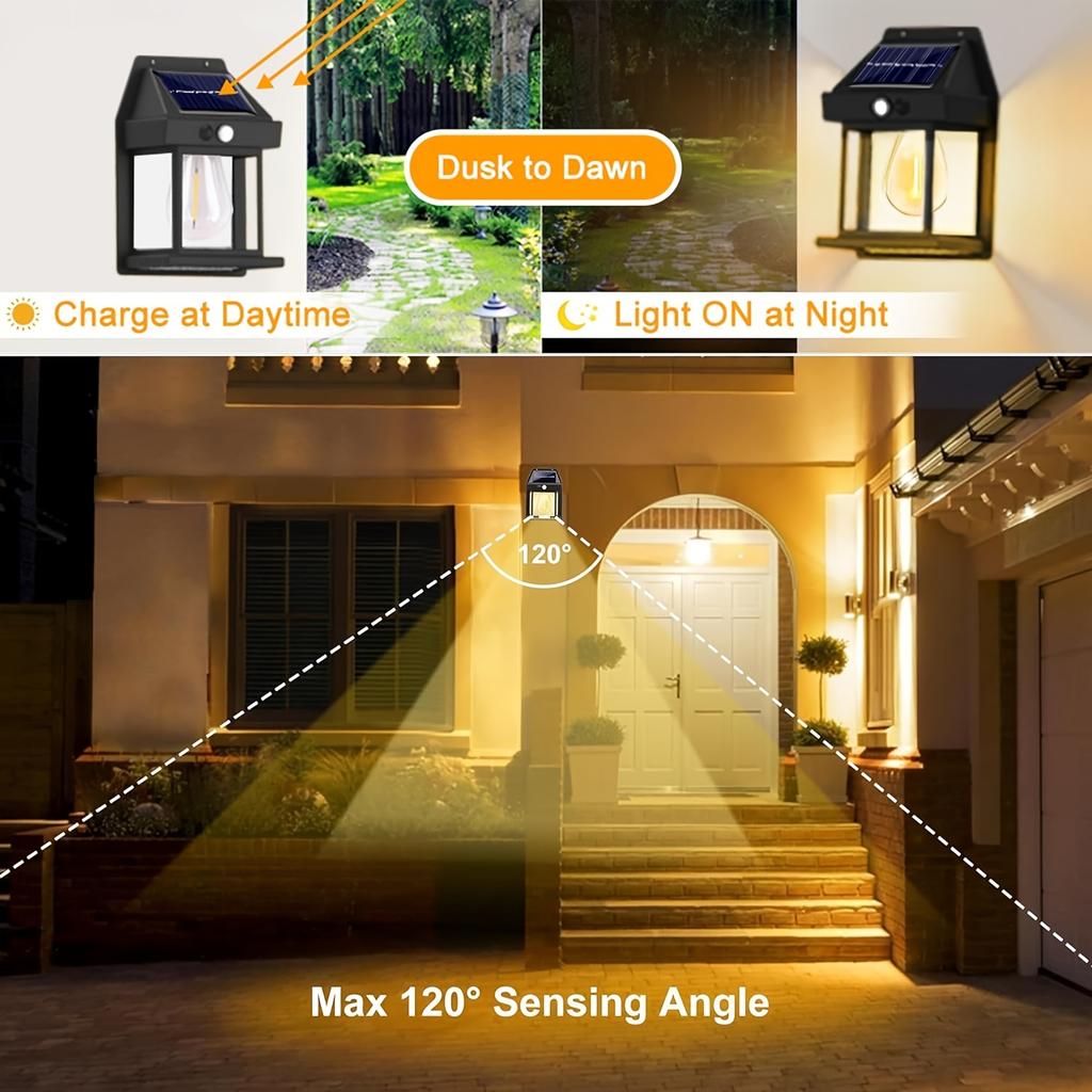 Warm Light Porch Lights, Solar Wall Lights Outdoor, Wall Porch Light Motion Sensor with 3 Lighting Modes, Outdoor Wall Lights for Garage Shed Door Yar