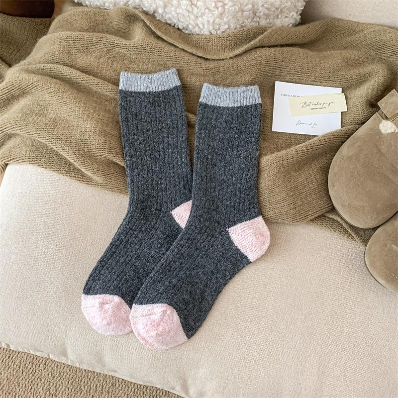 Japanese Color Block Wool Socks Thermal Stackable Crew Socks with Marled Knit Retro Autumn Winter Socks for Birkenstock Shoes