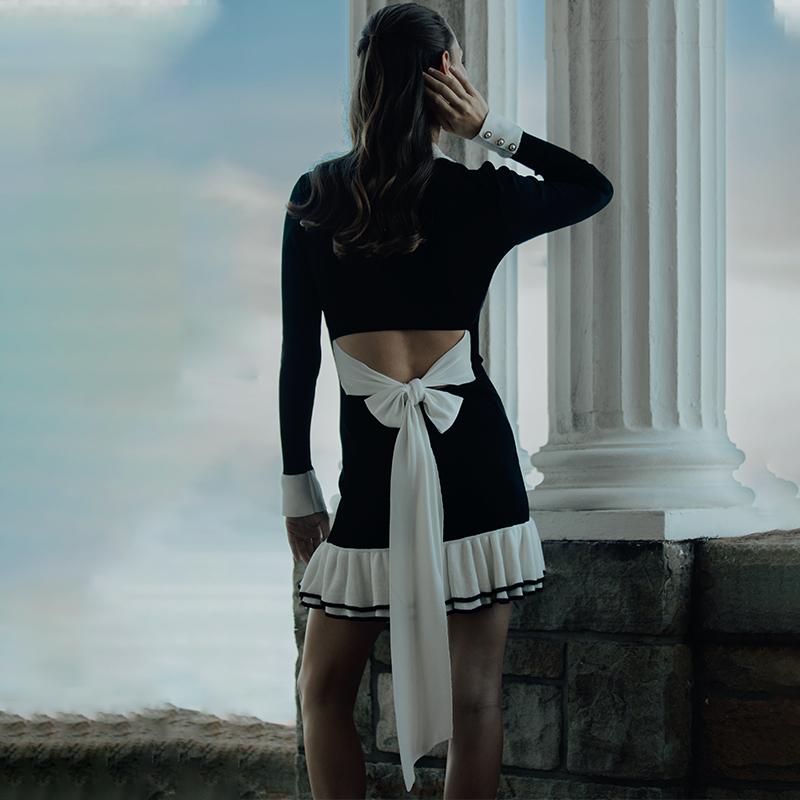 Ruffle Splice Knitwear Dress Women Elegant Bandage Bow Backless Mini Dresses Femme Holiday Long Sleeve Contrast Cardigan Lace Up Vacation Knit Dress