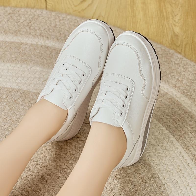 Women's Hole Sneakers Height Increase White Leather Platform Casual Summer Thick Sole Elevator Shake Shoes