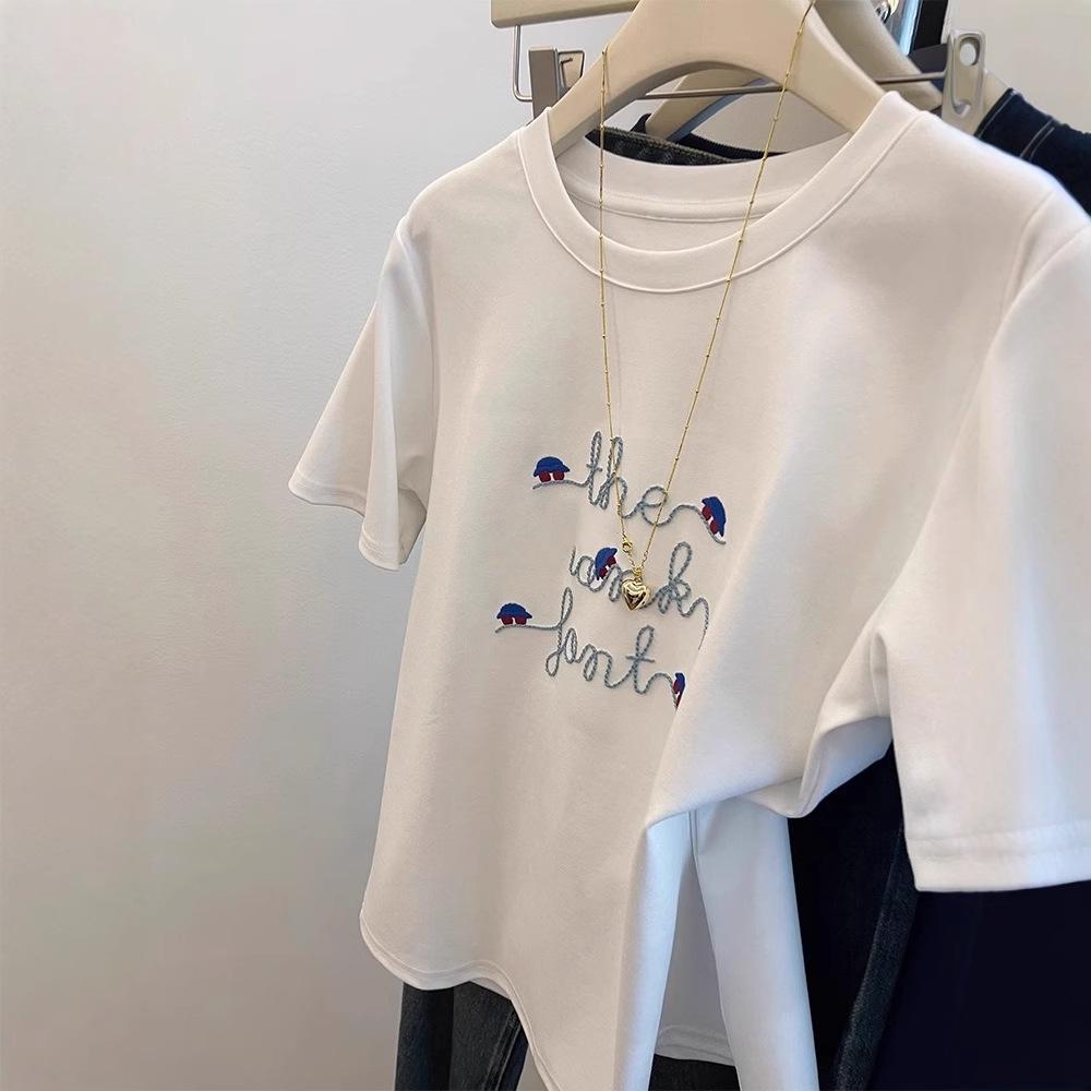 White Cotton Jacquard Letter Embroidered Crew Neck Short Sleeve Women's Summer T-shirt