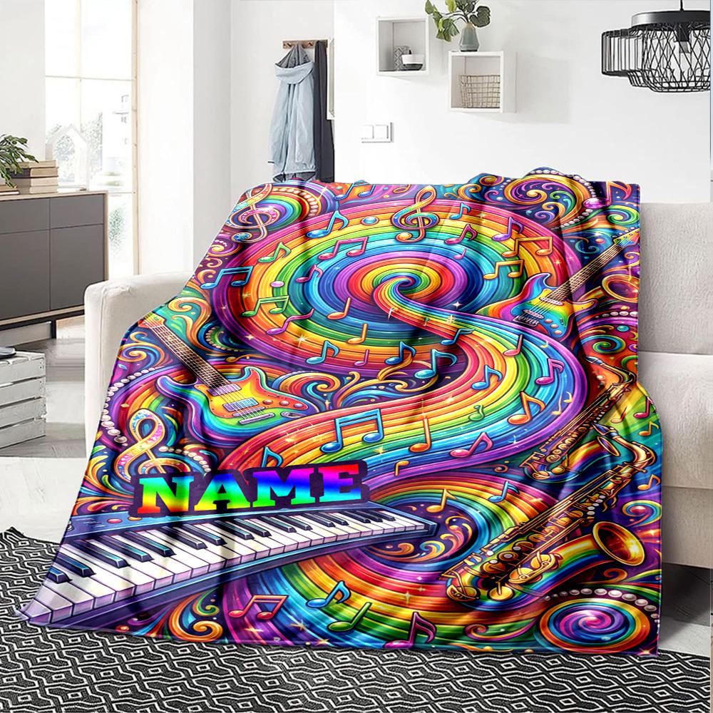 Music Rainbow Guitar Piano Saxophone Home Customize Your Name Blankets Soft Cozy Lightweight All Season Multi Use Throw Blanket For Couch Office Bed