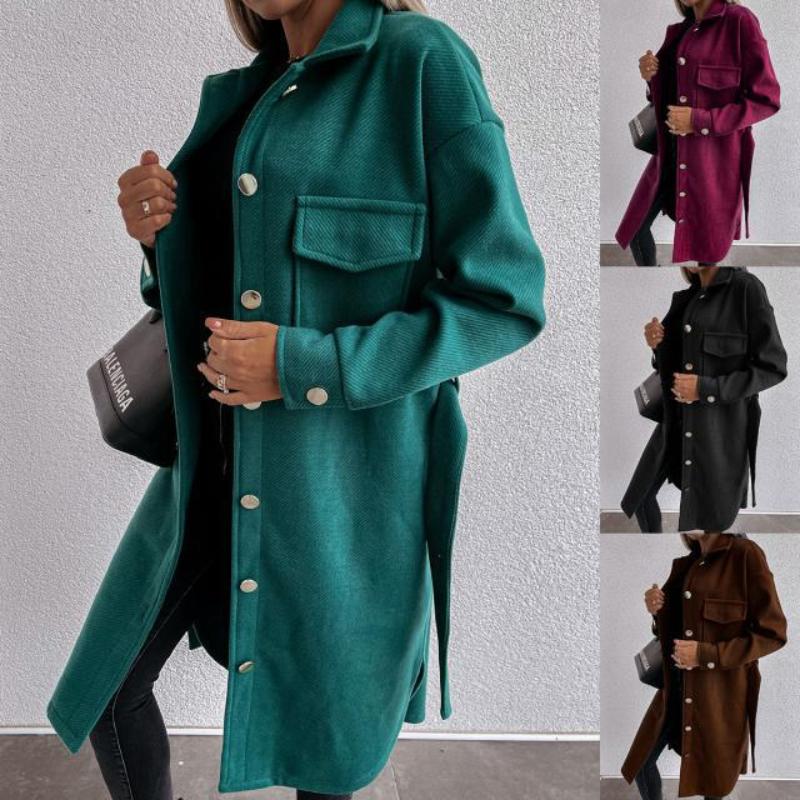 

New Long Sleeved Solid Color Long Coat with Tie Straps S зелёный