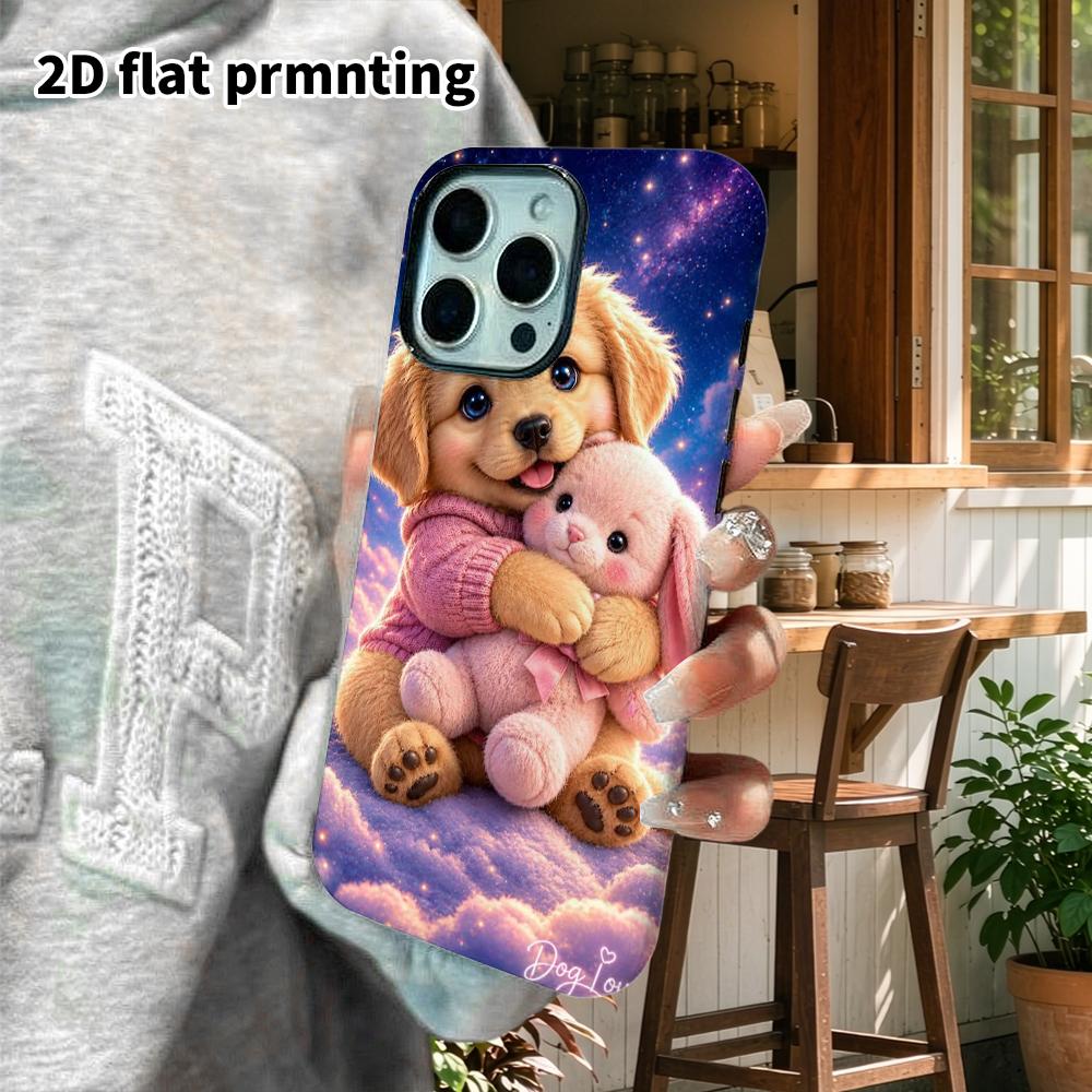 Phone Case: 2D flat design suitable for iPhone 18 17 16 15 14 13 Pro film protective case, couple style, golden retriever hugging a plush toy, Christm