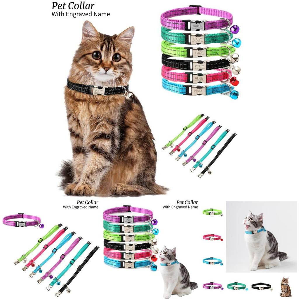 Reflective Nylon Cat Collar With Bell Free Engraving Available In Multiple Colors Suitable For Cats